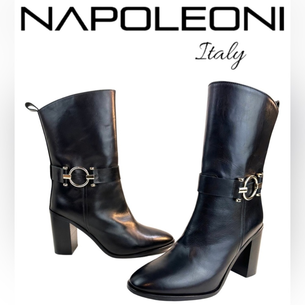 Napoleoni Made In Italy Genuine Leather Heels Boots With Hardware Ankle Size:9.5